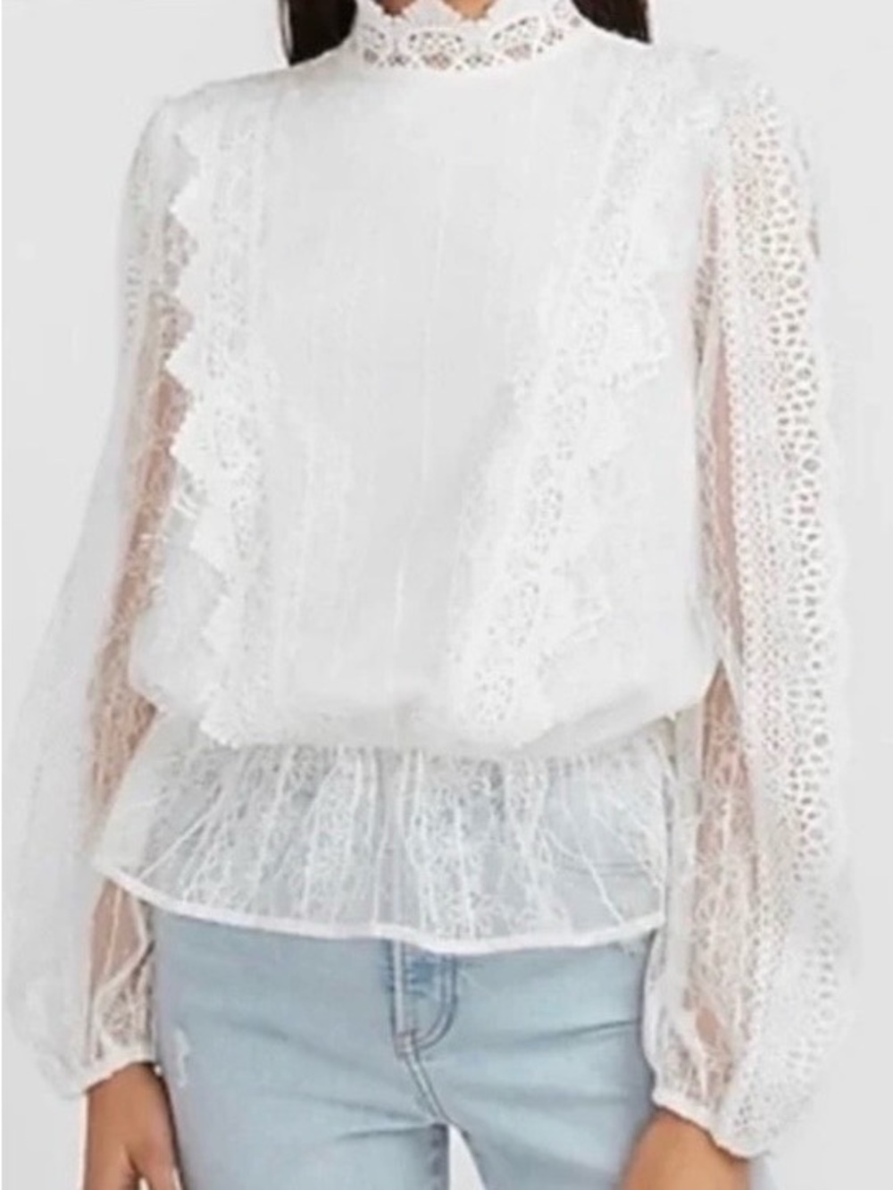 Express White Cream Lace Puff Sleeve Blouse Romantic Ruffle High Neck Size XL